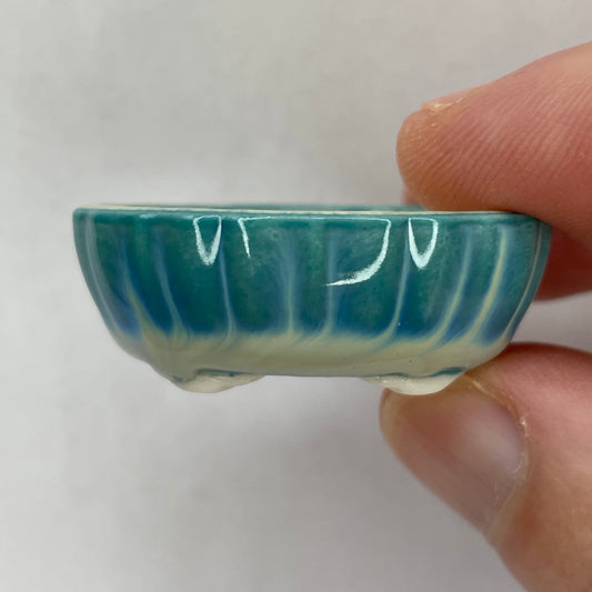 New! Tiny Scalloped Oval Mame Bonsai Pot in Turquoise Snow, Less Than 1.5 inches long