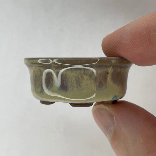 New! Tiny Flared Rounded Oval Mame Bonsai Pot in Chocolate Blue Snowflake, Less than 1.5 inches wide