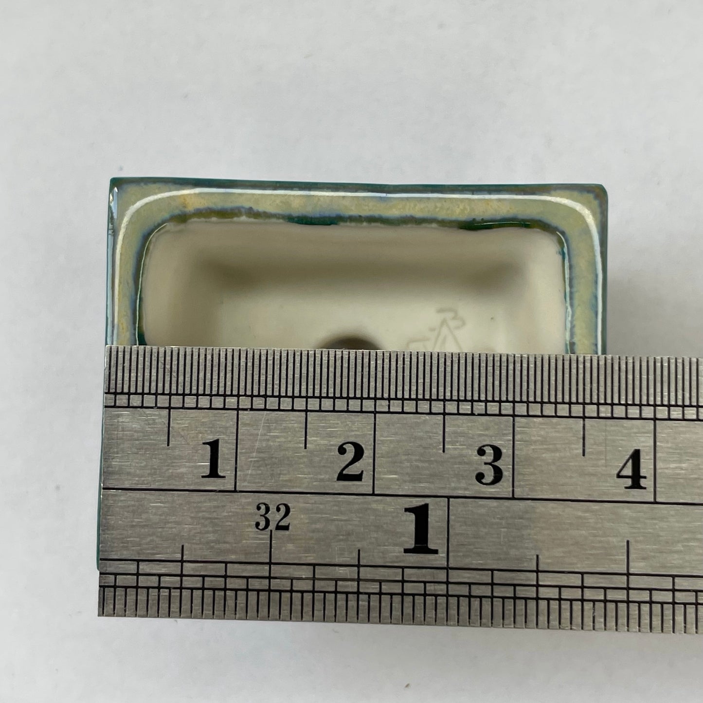 New! Tiny Flared Rectangle Mame Bonsai Pot in Teal Fog, Less than 1.5 inches wide