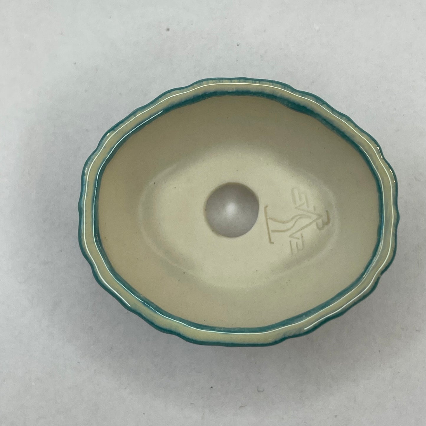 New! Tiny Scalloped Oval Mame Bonsai Pot in Turquoise Snow, Less Than 1.5 inches long